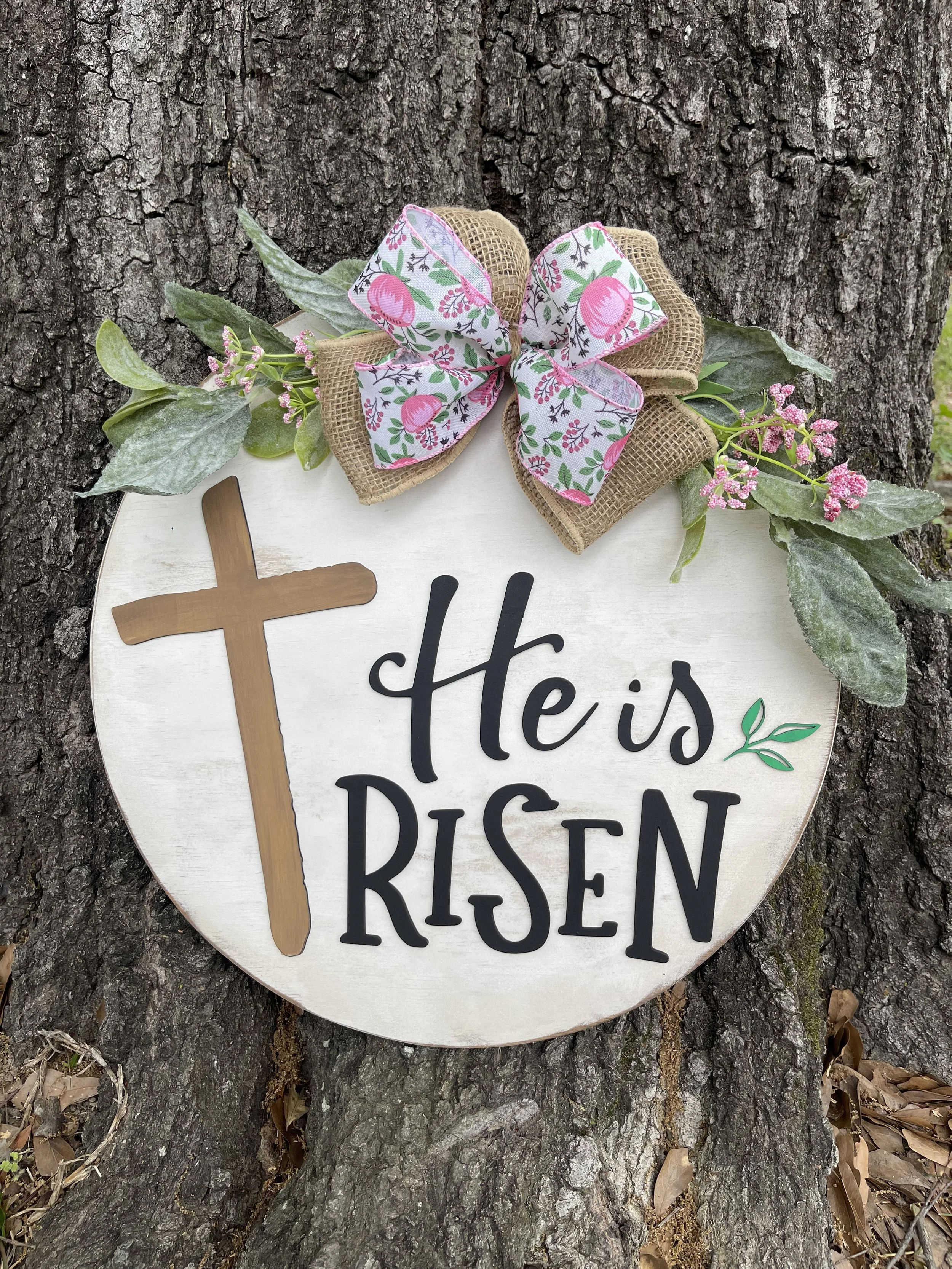 ✝️He Is Risen Door Hanger – Floral Cross Easter Sign