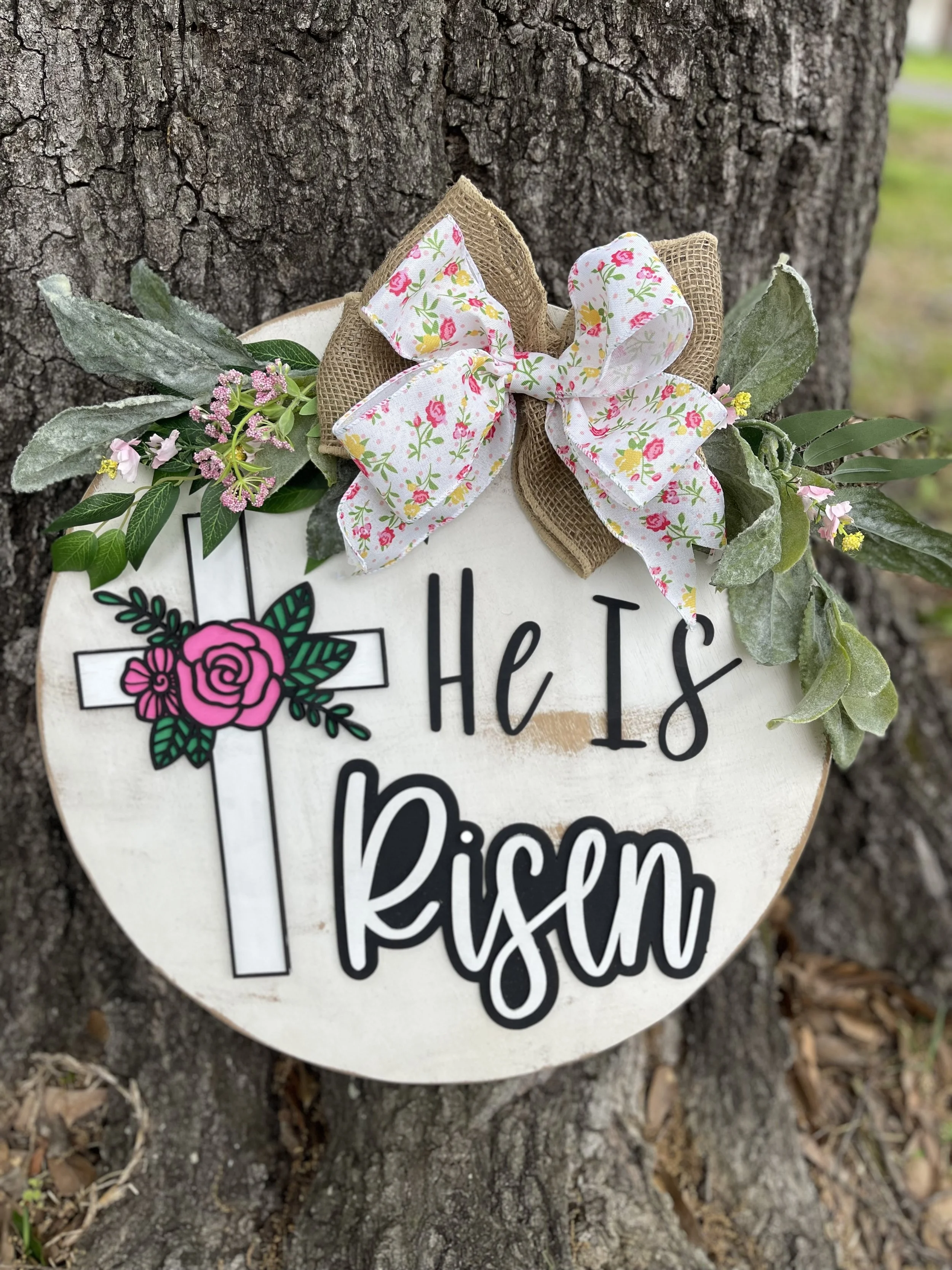 ✝️ He Is Risen Door Hanger – Floral Cross Easter Sign
