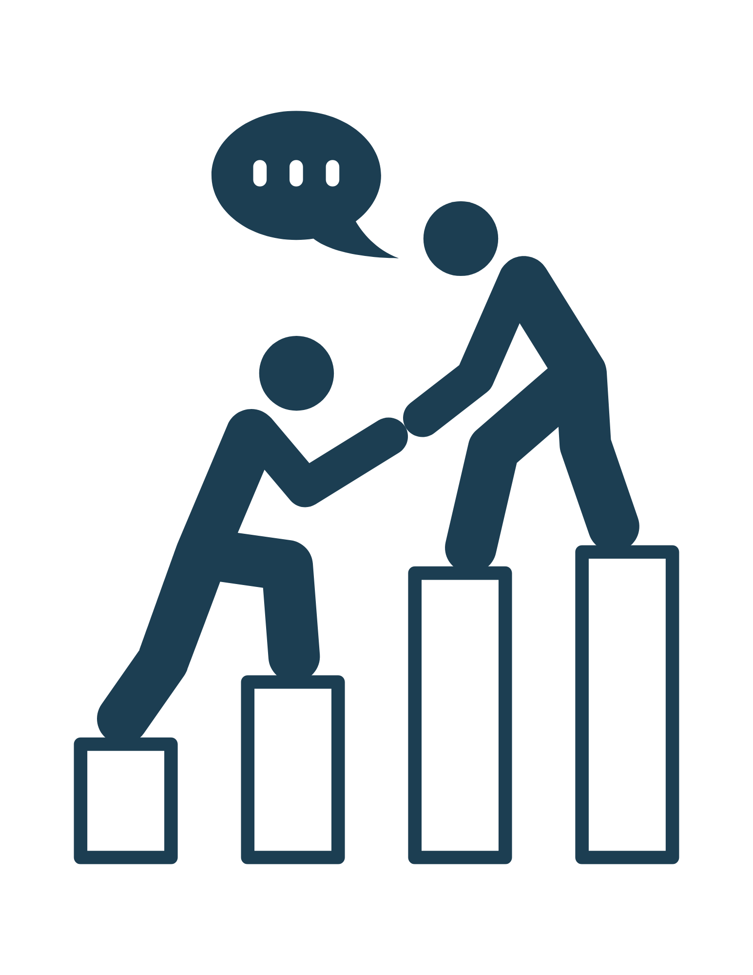 Icon showing with one person guiding another as they climb a revenue chart