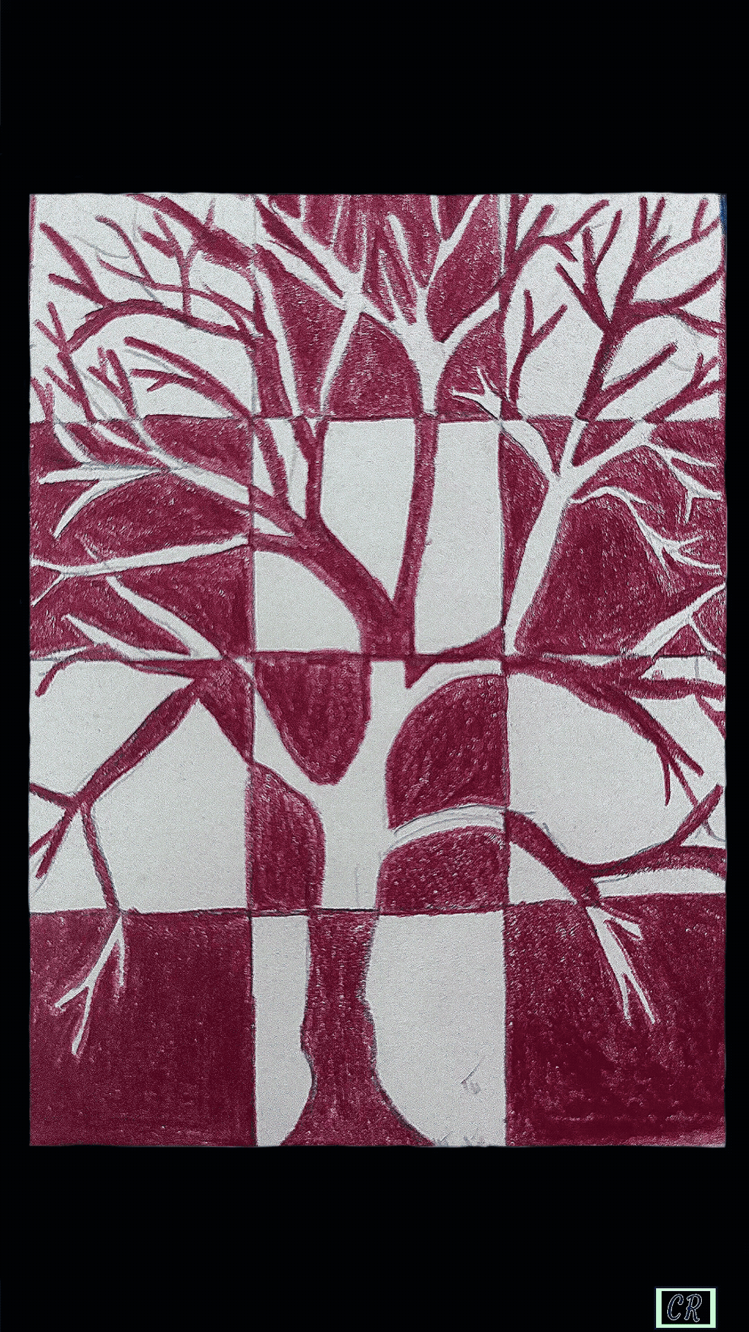 The evolution of the Knowwood Tree logo. A drawing of a tree with bare branches, created with a divided color pattern in shades of red, white, green, then black.