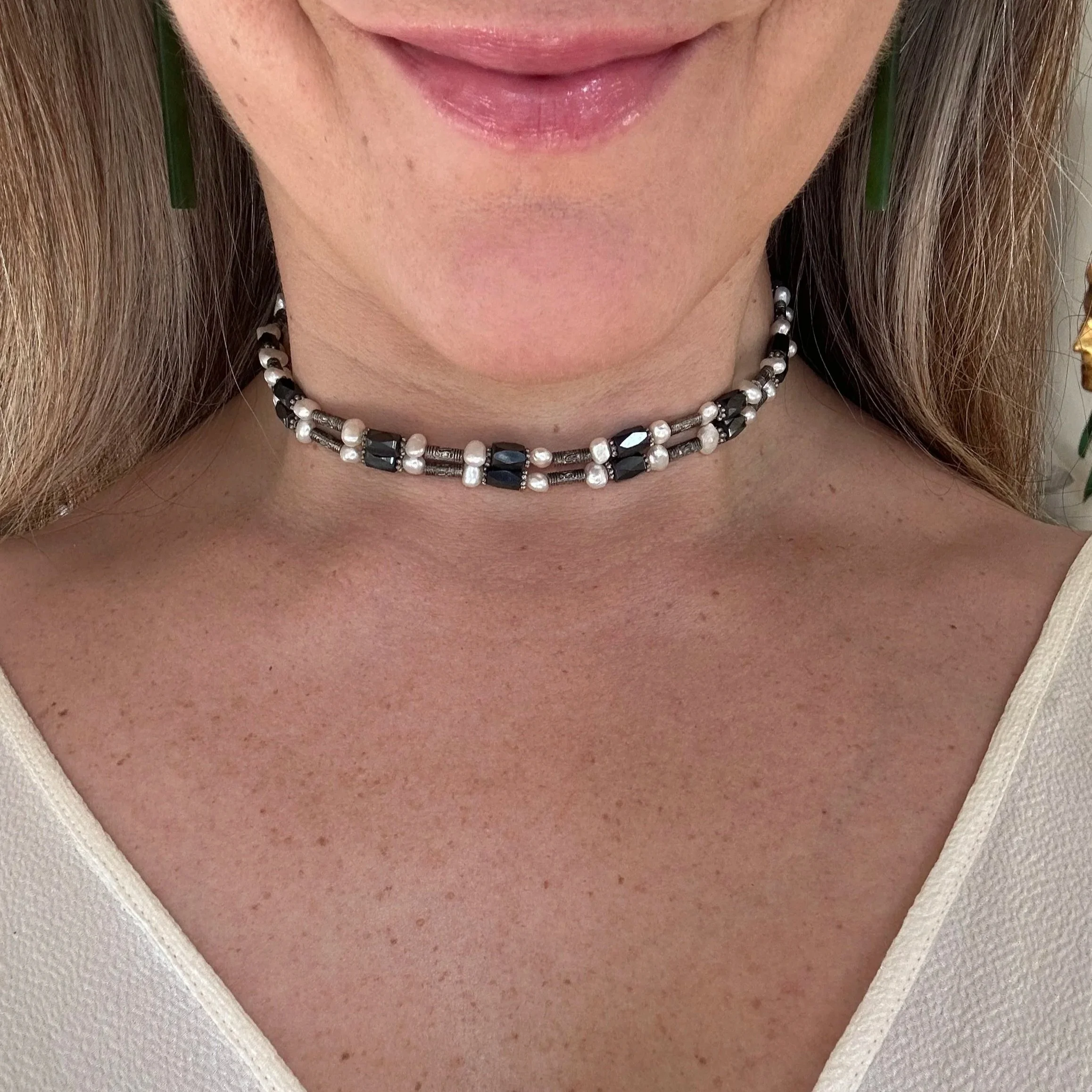 Vintage pearl and magnetic hematite multi style