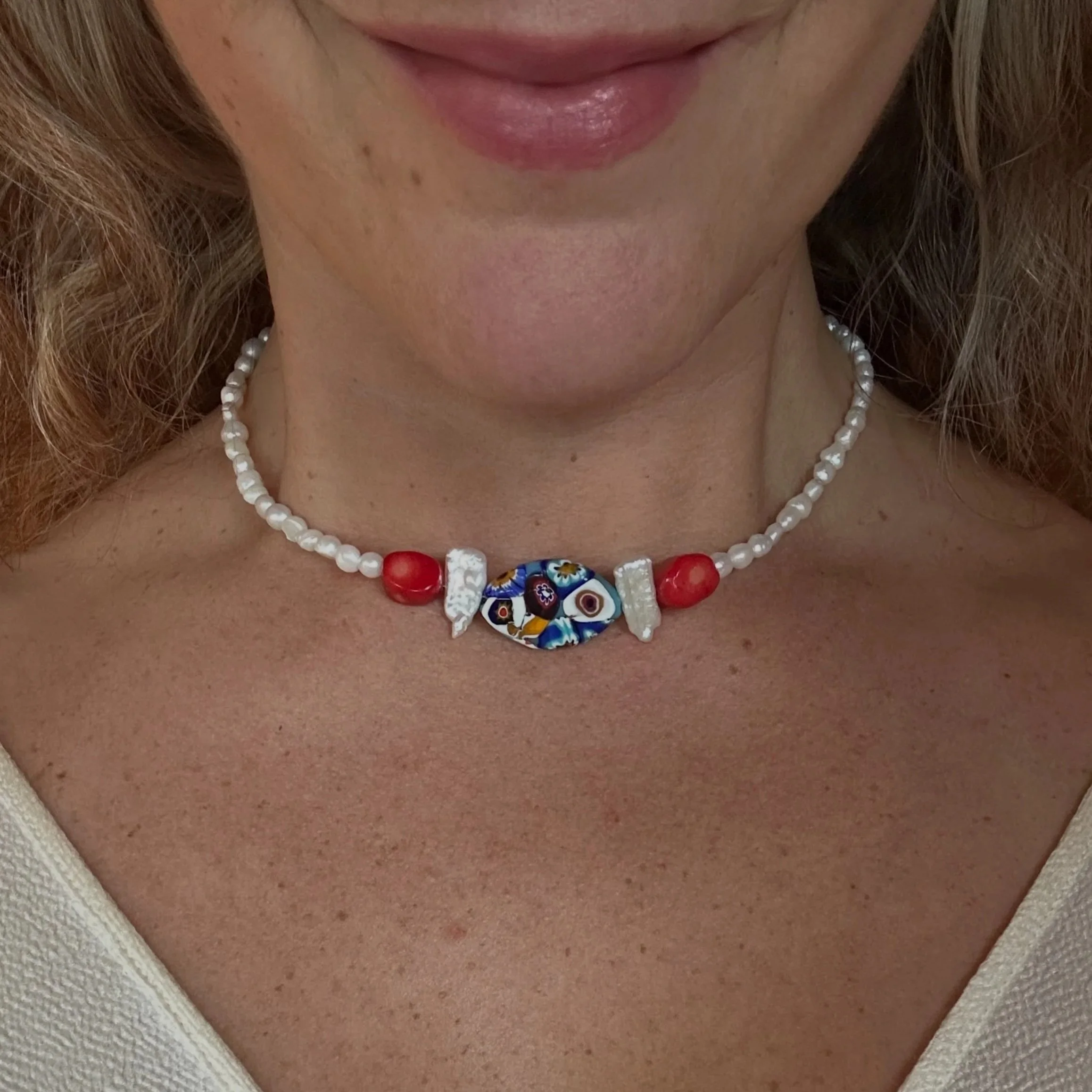 1950s Millefiori Murano glass, coral & pearls