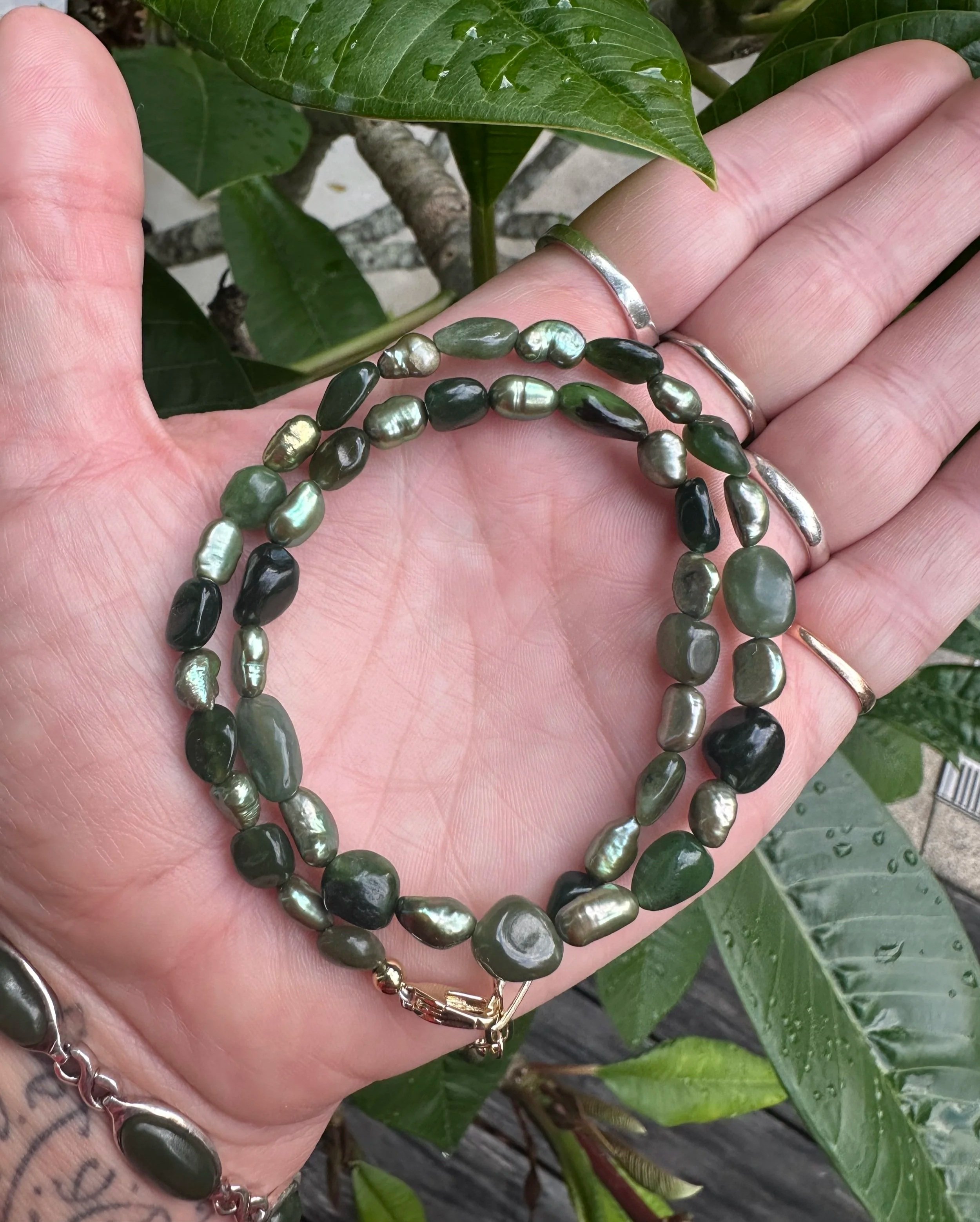 Greenstone nugget & pearl necklace