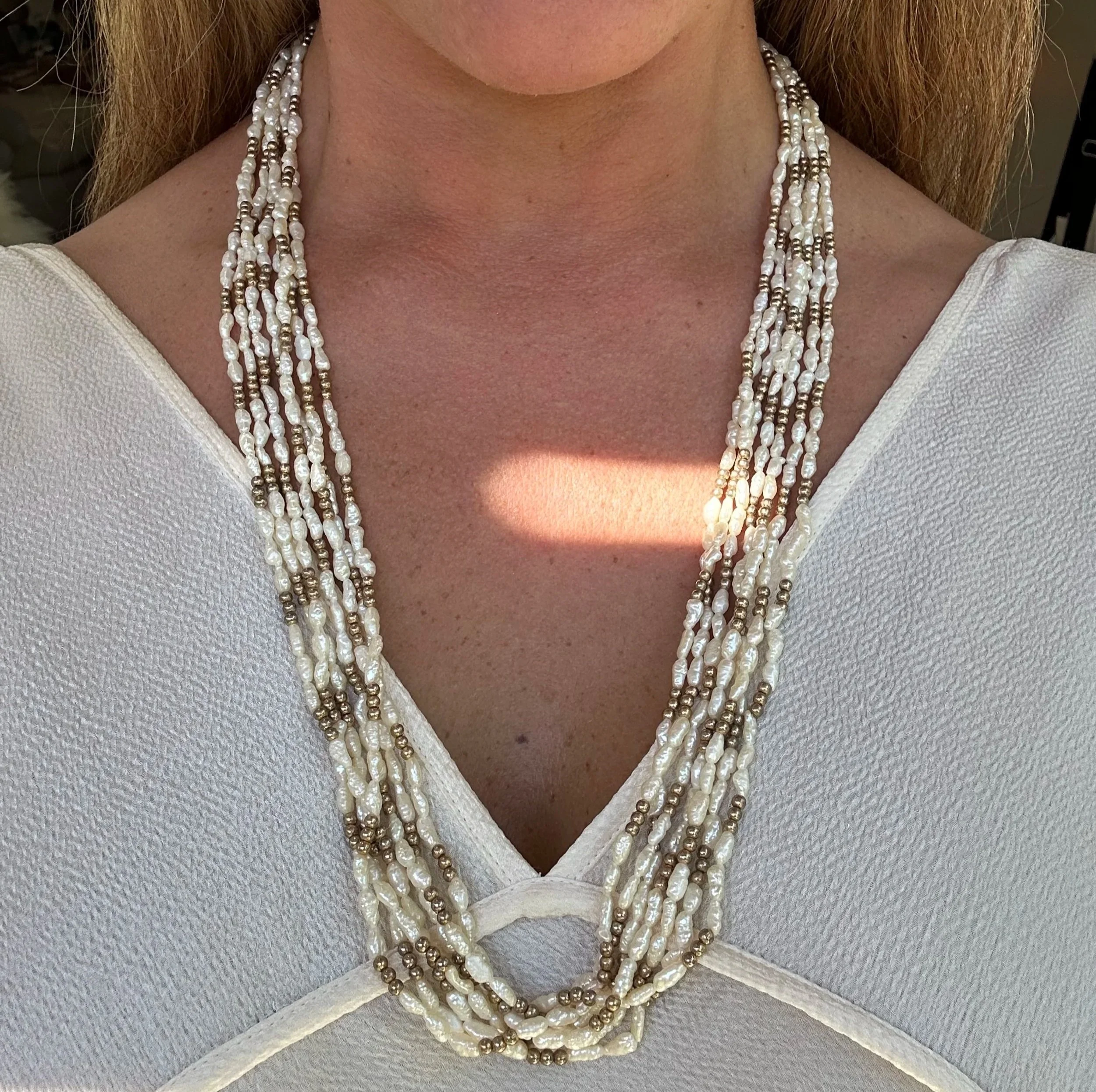 1970s seven strand rice pearl necklace