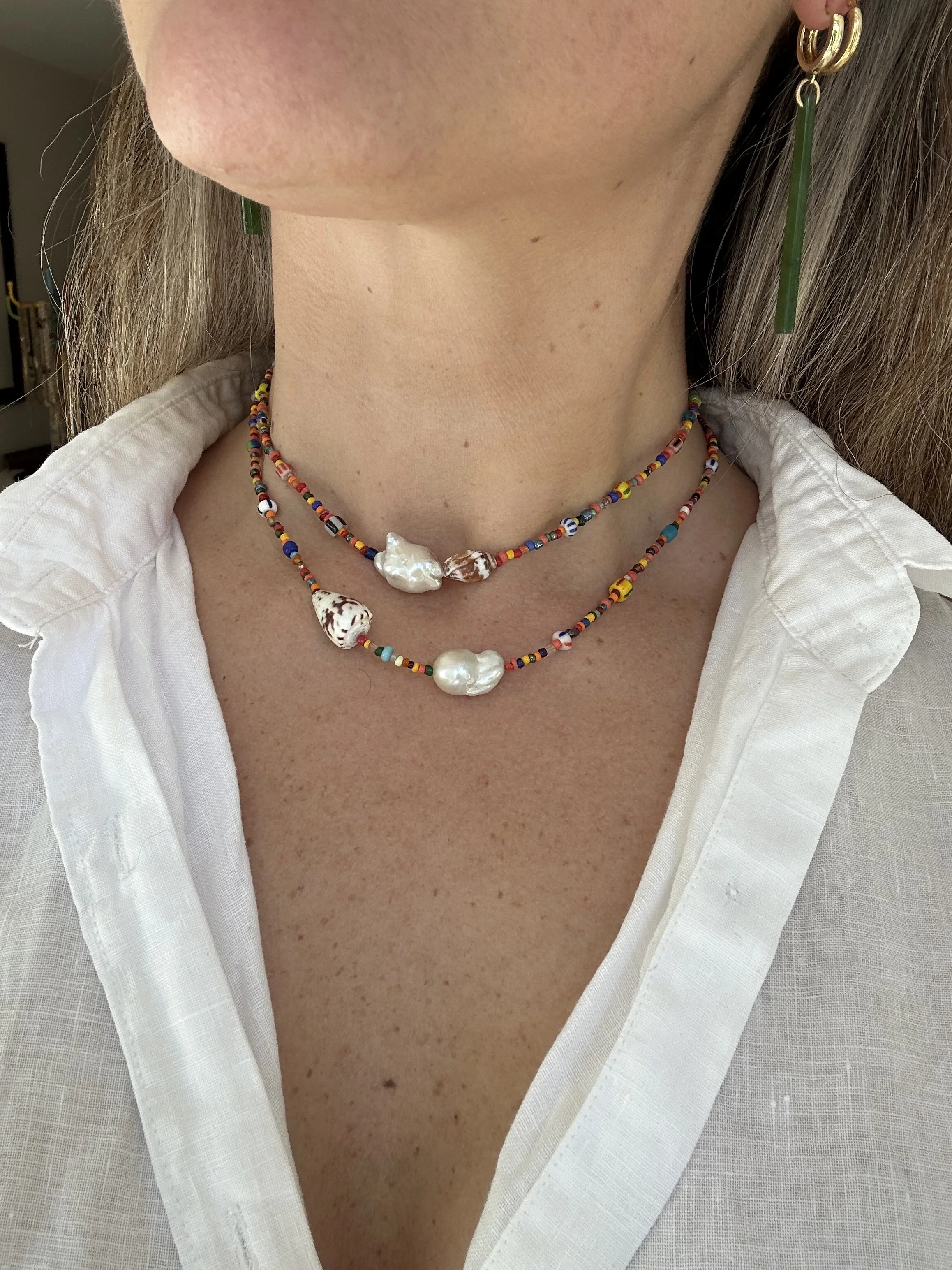 Baroque pearl, shell & seed bead necklaces