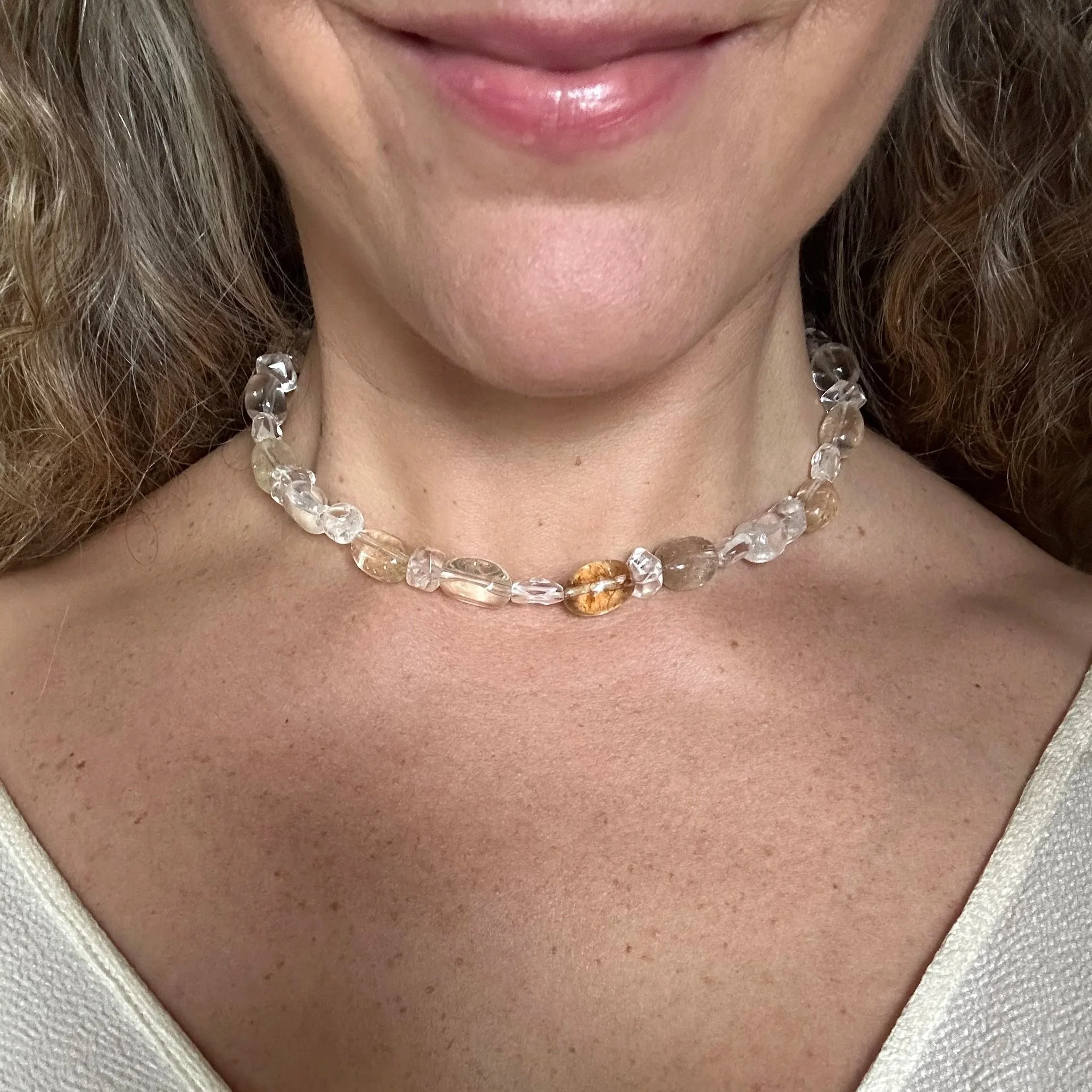 Gold rutillated and clear quartz necklace