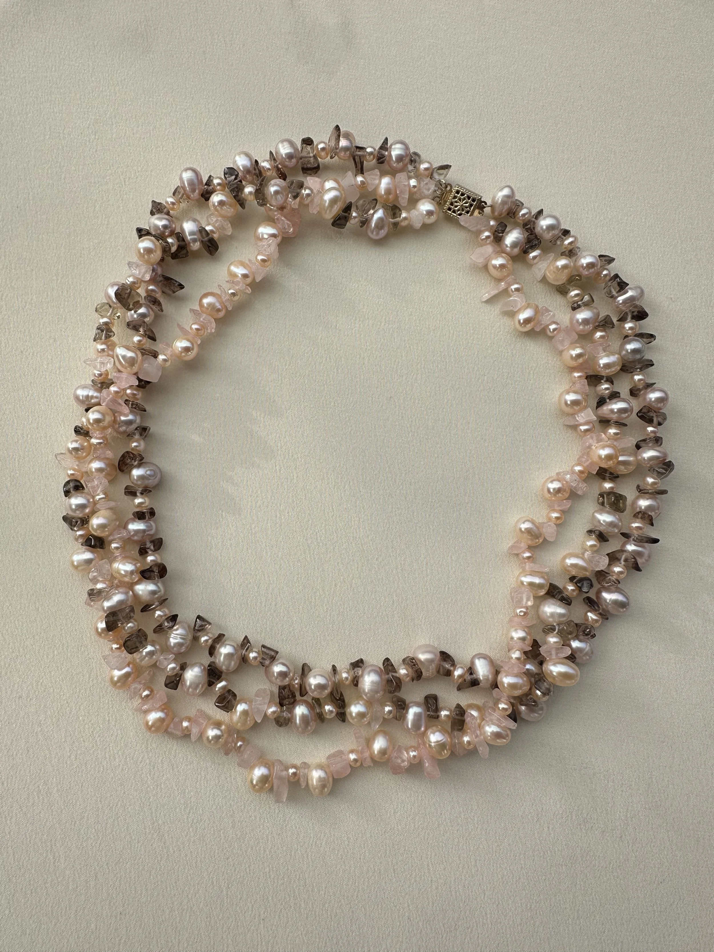 Vintage pearl, rose quartz & topaz necklace