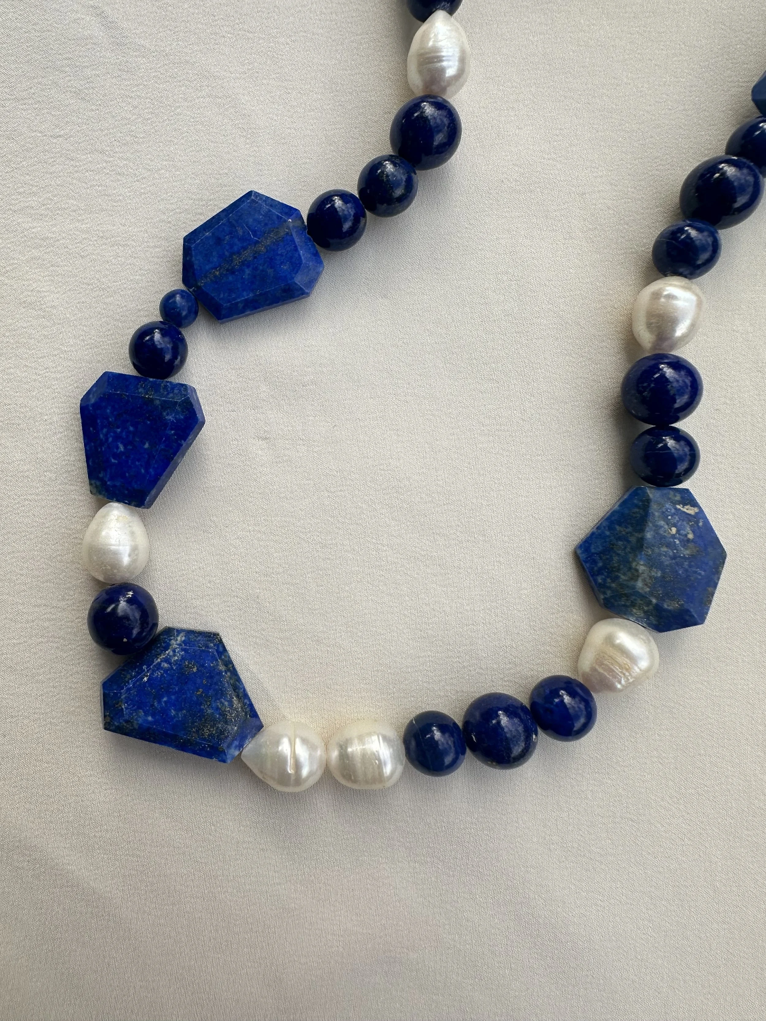 Vintage geometric lapis lazuli & pearl necklace