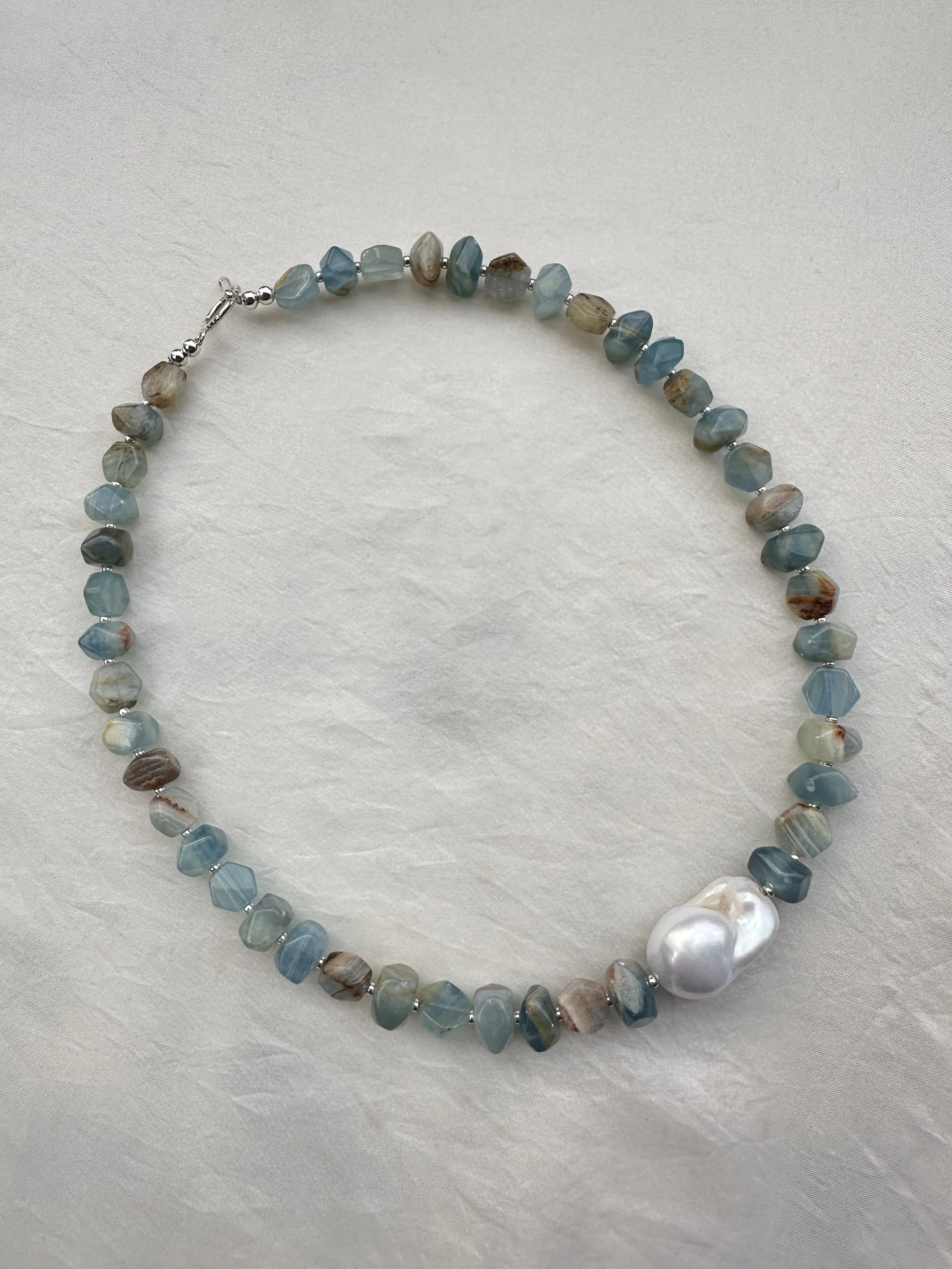 Blue calcite and baroque pearl necklace