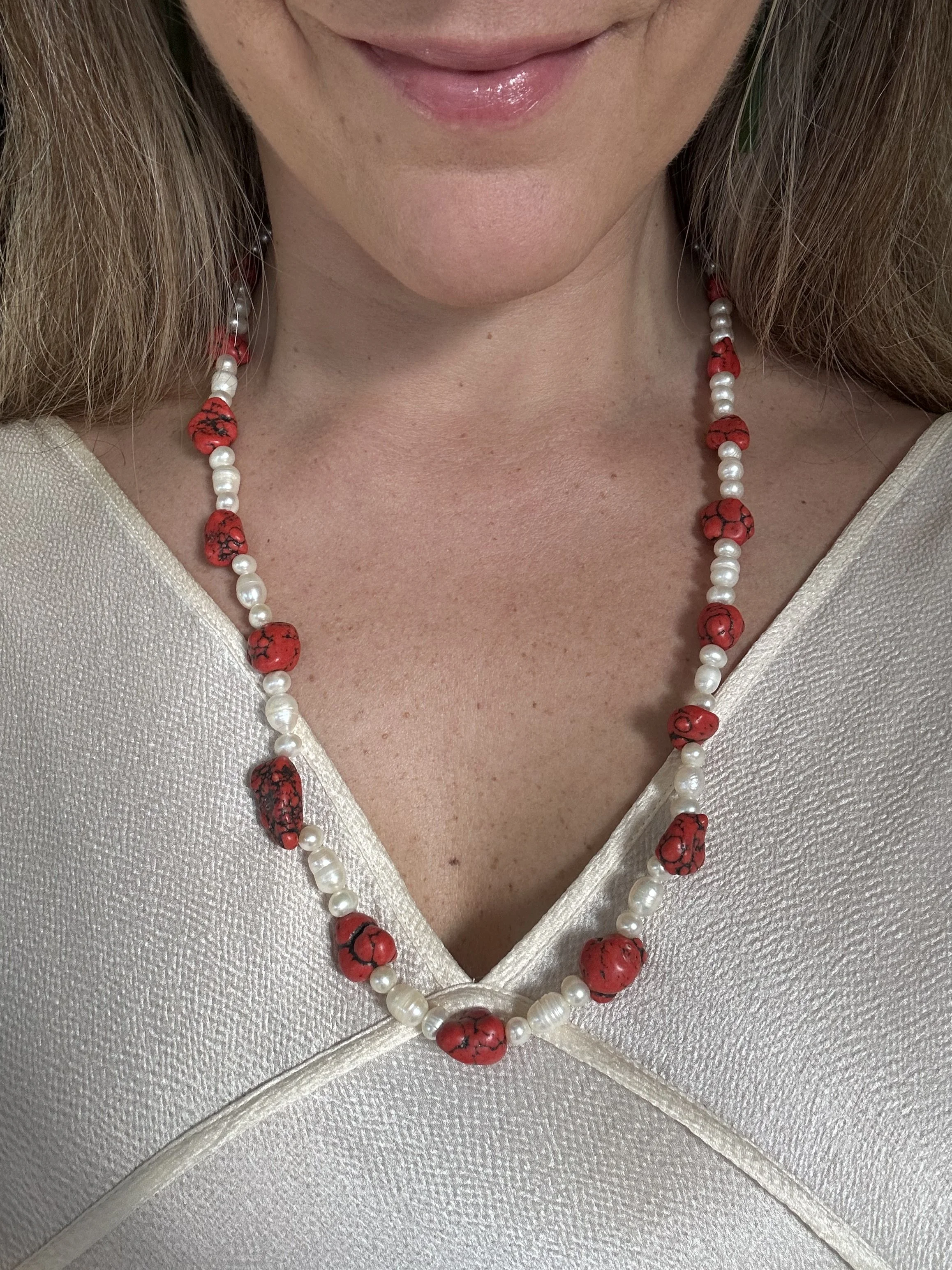 Vintage pearls with red howlite