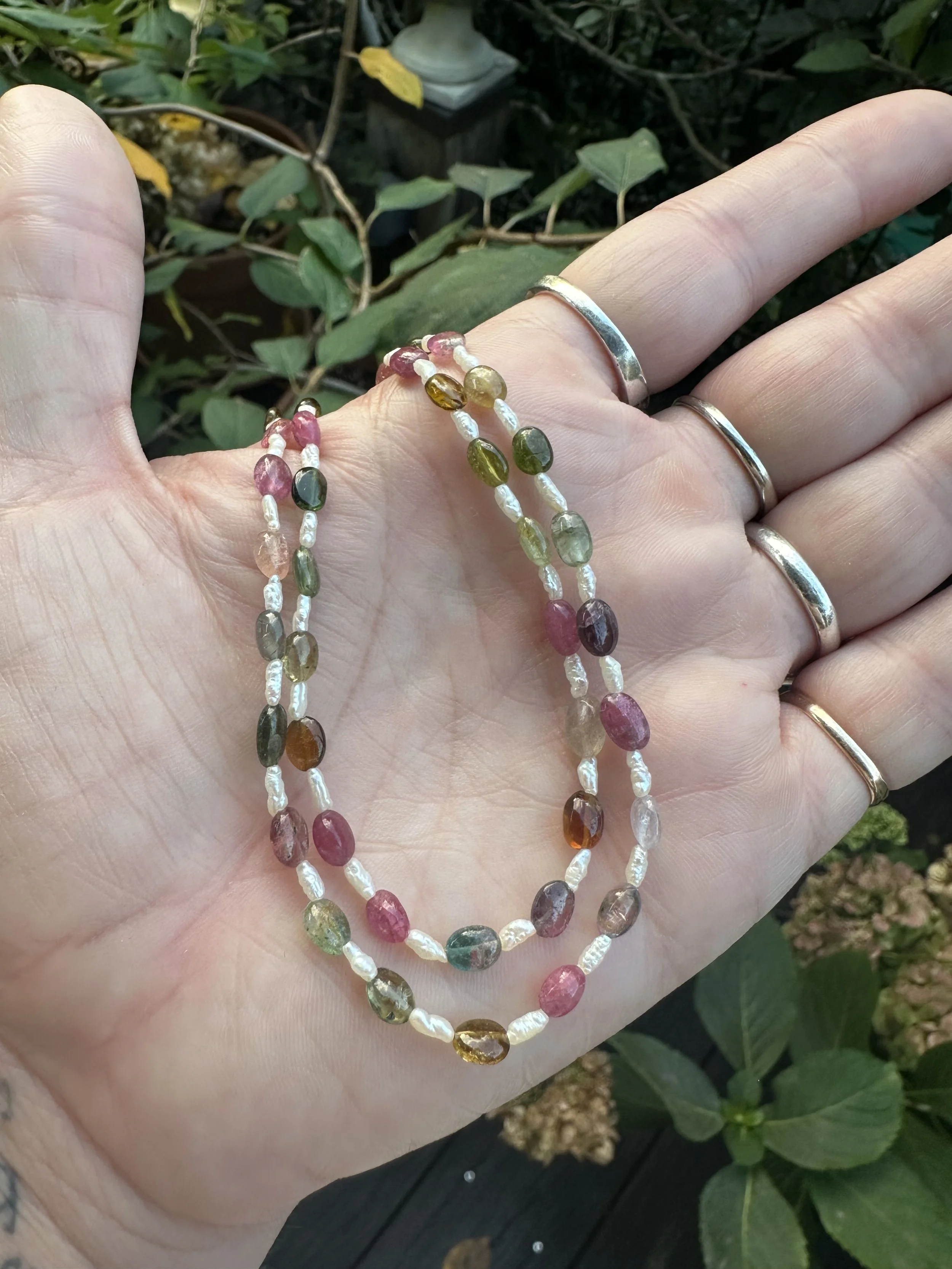 Natural tourmaline & vintage baby rice pearls