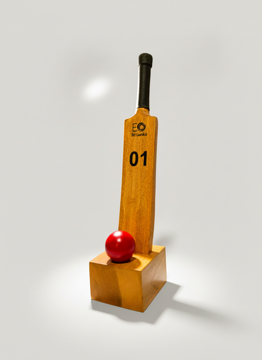 A cricket bat with the words 'Sri Lanka' and a logo, a red ball, and a wooden block stand on a plain white surface.