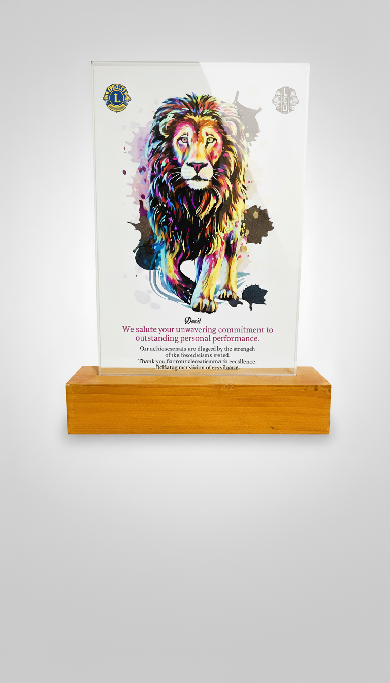 Colorful painting of a lion on a transparent acrylic stand, with a wooden base, displayed on a plain wall.