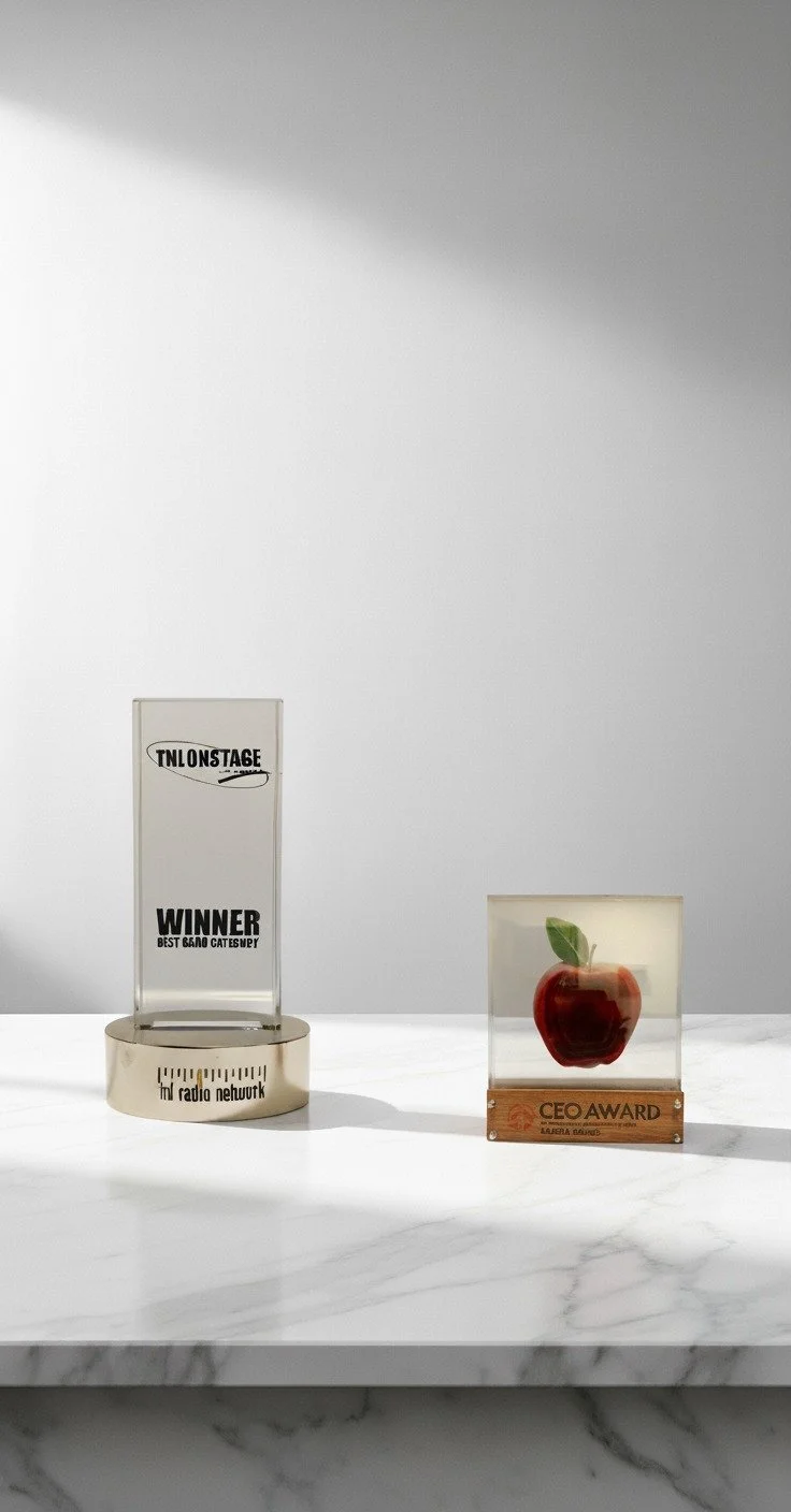 Two awards on a white marble surface against a plain gray wall: a tall, rectangular, clear trophy with text and a circular base on the left, and a small, clear glass display with a red apple inside on the right, with a wooden plaque reading 'CEO Awar