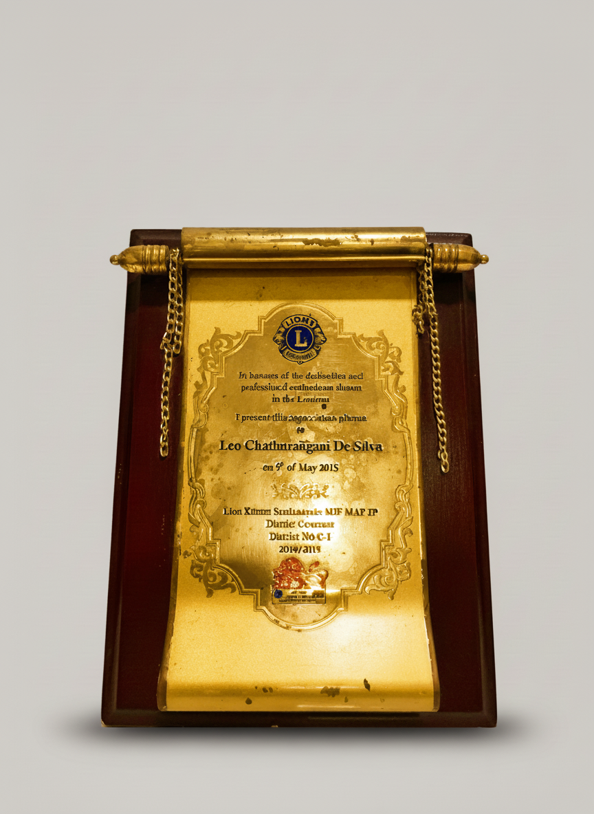 A gold-colored award plaque mounted on a wooden base with gold chains on each side. The plaque has the Lions Club logo at the top and text in the center, including a lion emblem at the bottom.