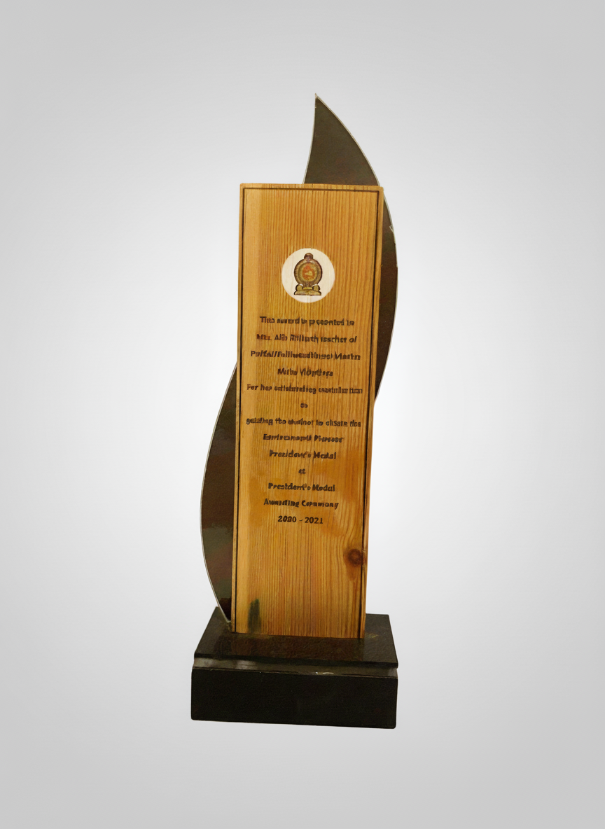 Wooden award trophy with engraved text and a logo at the top, mounted on a black base.