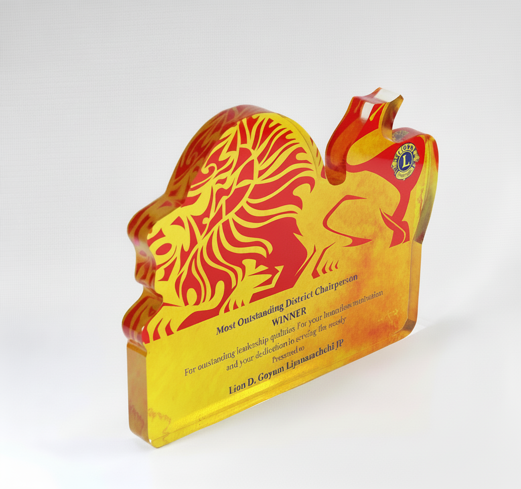 A colorful award plaque with a lion illustration and a Lions Club logo, engraved with text recognizing a district chairman and Lion D. Goyum Lijarrachti.