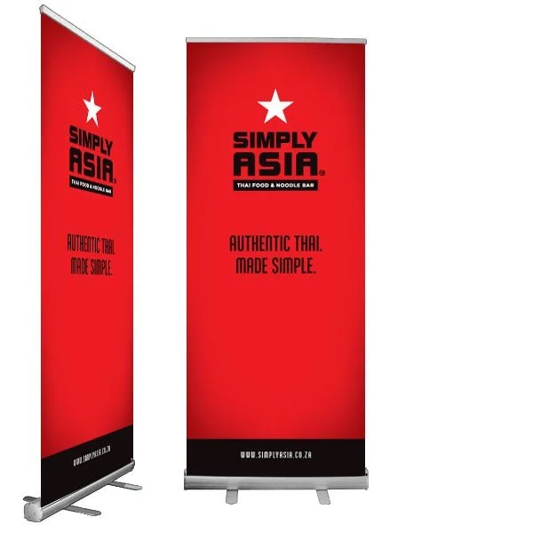 Two red vertical banners displaying the logo and tagline for Simply Asia, a Thai food and noodle bar, with the website URL at the bottom.