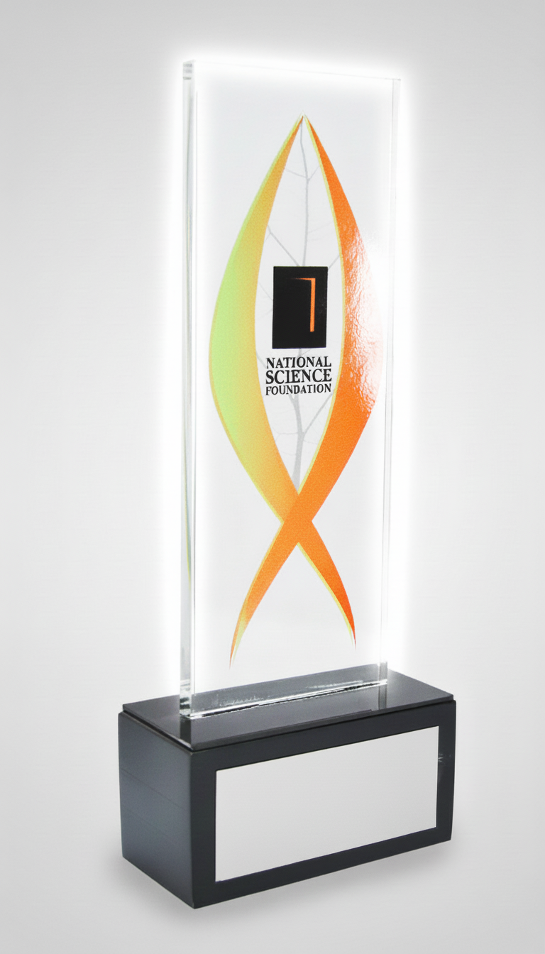 A glass award with a colorful leaf design and the National Science Foundation logo, placed on a black pedestal.