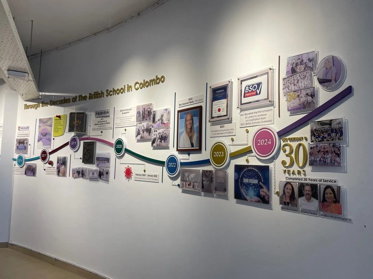 Decorative timeline on a wall titled 'Through the Decades of The British School in Colombo,' showing key milestones from 2017 to 2024 with photos, certificates, and captions highlighting achievements and events.
