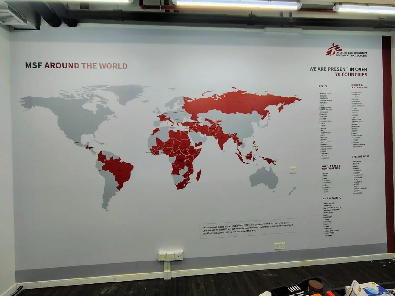 World map showing countries where MSF operates, highlighted in red, with countries listed separately on the right side of the image.