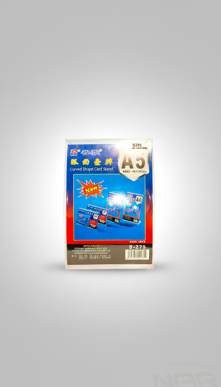 Package of curved shape card stand with blue and red design, labeled for A5 size
