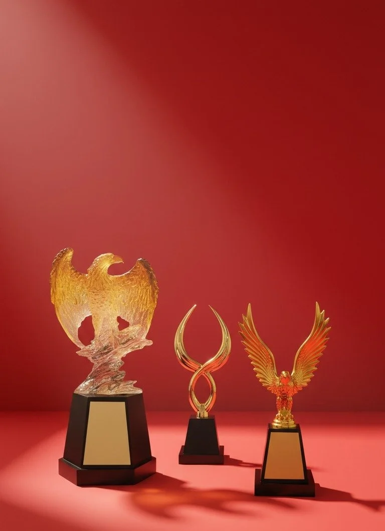 Three golden trophies with winged designs on black bases are displayed against a red background.