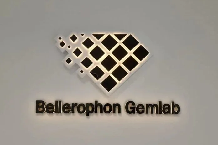The logo of Bellerophon Gemlab, featuring a geometric diamond shape with a grid pattern, illuminated with backlighting, and the company name below in bold black letters.