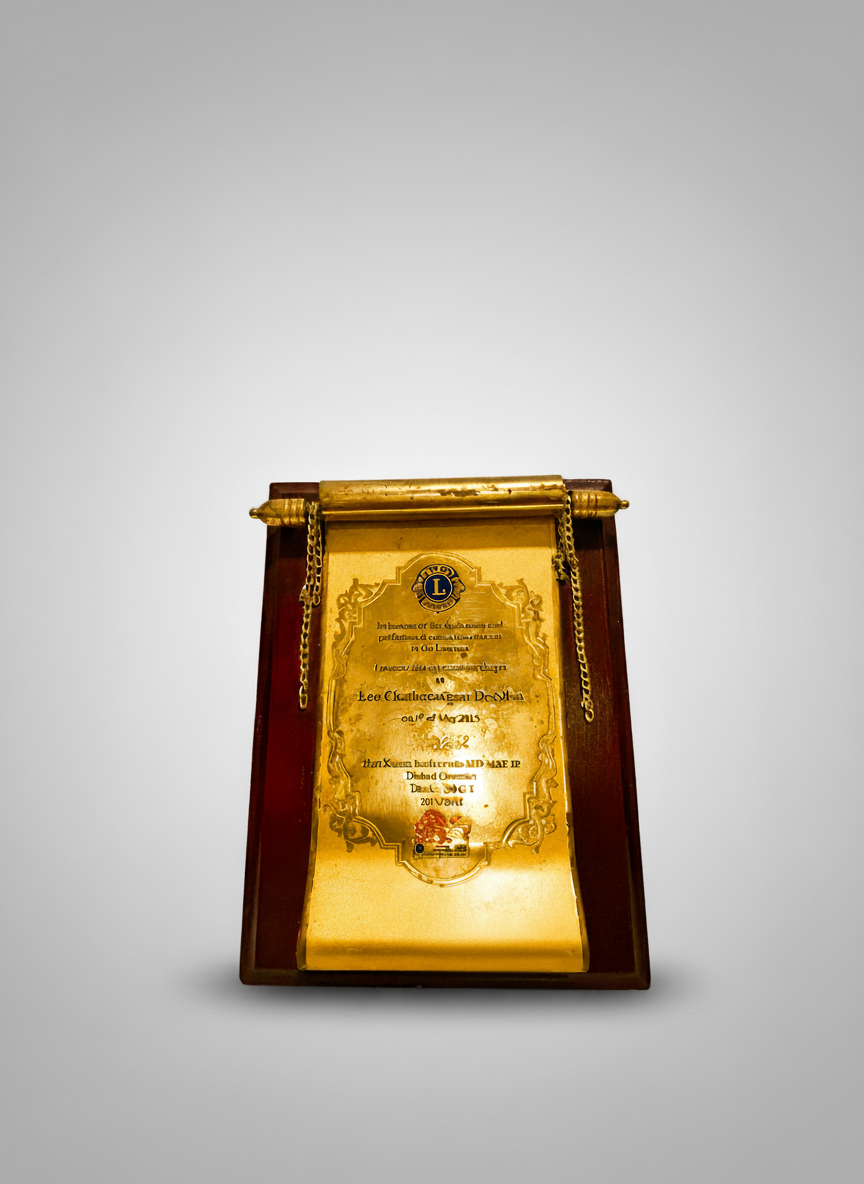 A wooden plaque with a gold-colored metal plate displaying a certificate or award and a chains attached to the top, mounted on a light gray background.