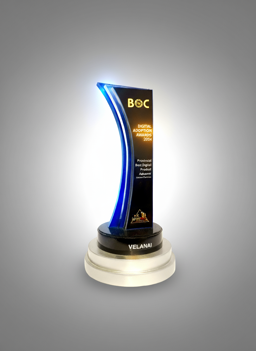 A trophy with a sleek, curved design and blue accents, awarded at the 2014 Digital Adoption Awards, with the name Velani on the base.
