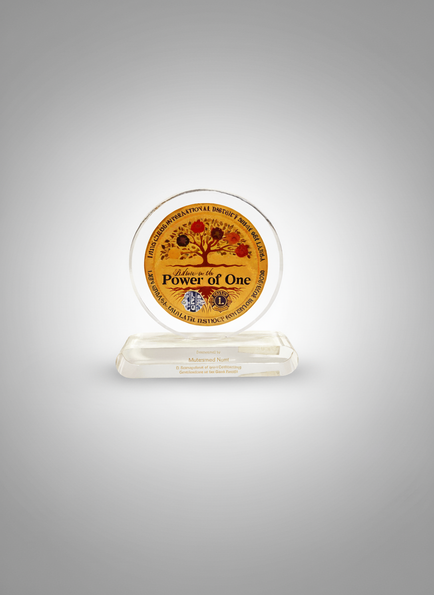 A glass award with a circular top featuring a tree with red leaves, engraved text reading 'The Power of One,' and additional text below on the base.