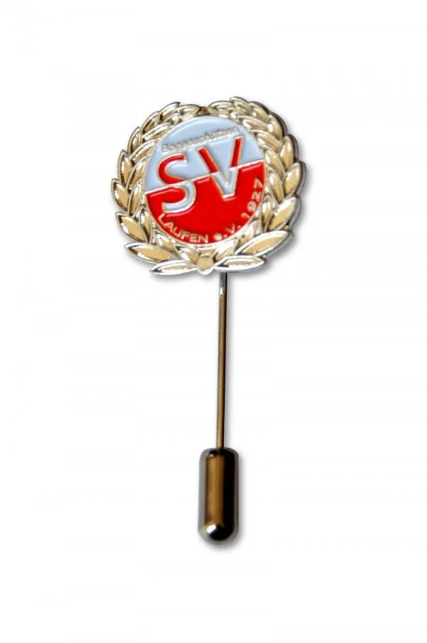A lapel pin with a silver laurel wreath border, red and white center, and the text 'SV' and 'LAFREN CENTER' on it.