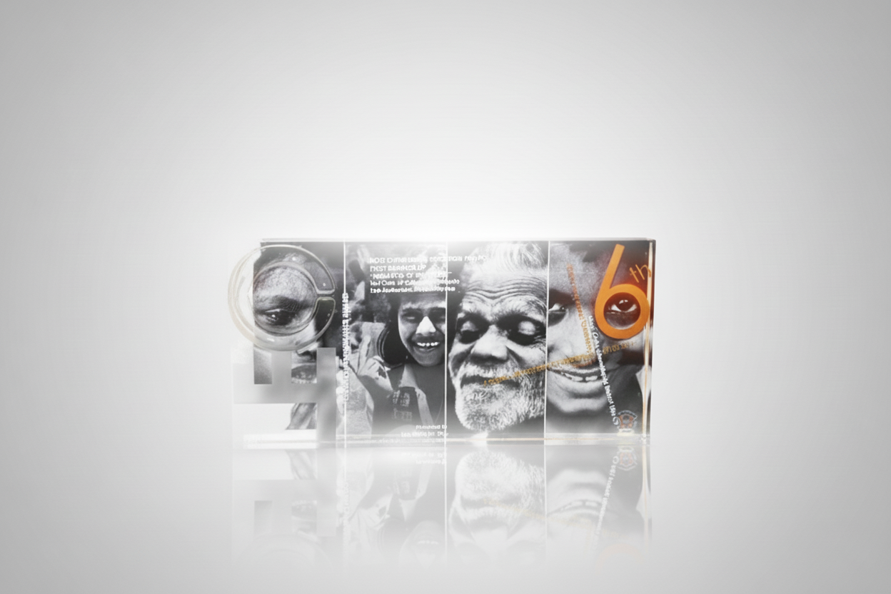 A collage of black and white portraits of diverse people, including children and elderly, with colorful orange and white text and symbols overlaid.