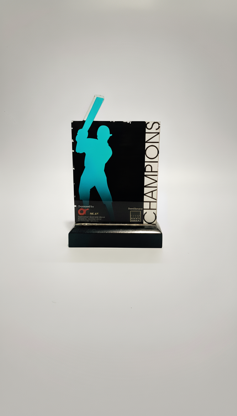 A black and blue trophy plaque with a silhouette of a baseball player holding a bat, and the word "CHAMPIONS" vertically on the right side, displayed on a black base.