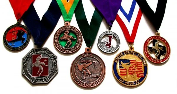 Six martial arts championship medals hanging on ribbons, each representing different martial arts organizations or competitions.