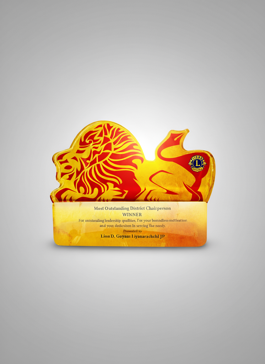 A Lions Club award plaque featuring a stylized lion's head in red and yellow.