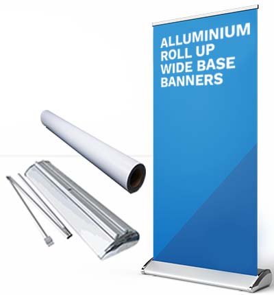 Display stand with aluminum roll-up wide base banner, a roll-up banner with a blue background, and an aluminum support pole.