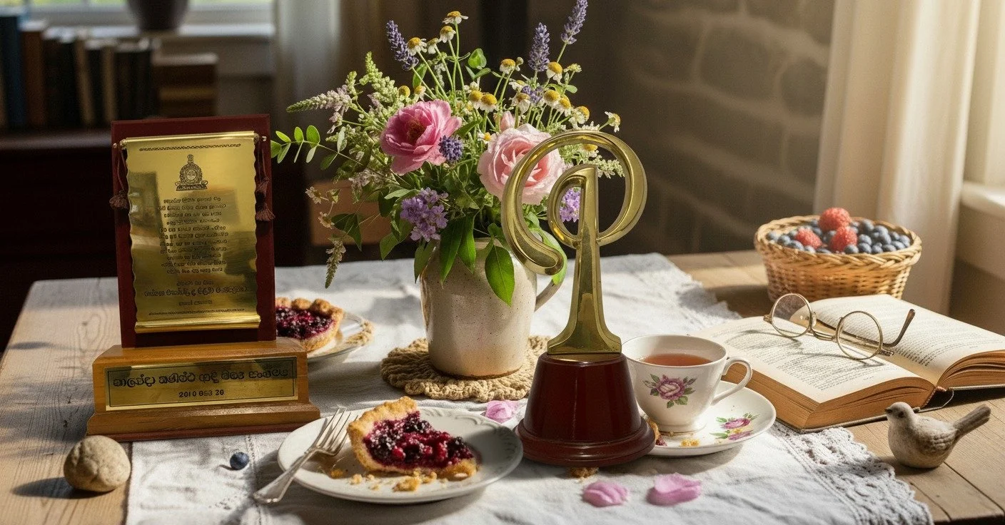 Table with a flower vase, a trophy, an open book, a tea cup, a plate of berry tart, a basket of berries, and decorative objects including a bird figurine and the words "1" on a stand.