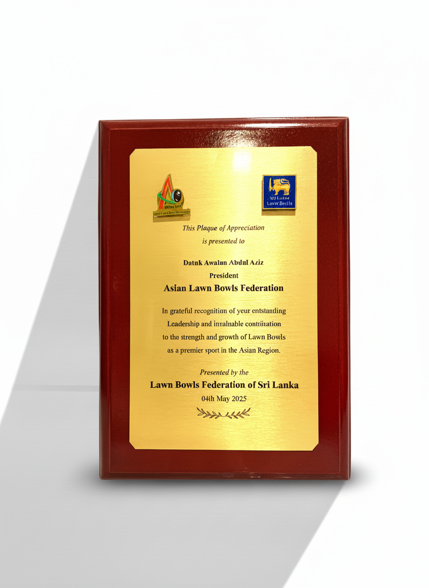 Plaque of appreciation awarded to the Asian Lawn Bowls Federation by the Lawn Bowls Federation of Sri Lanka, dated May 4th, 2025.
