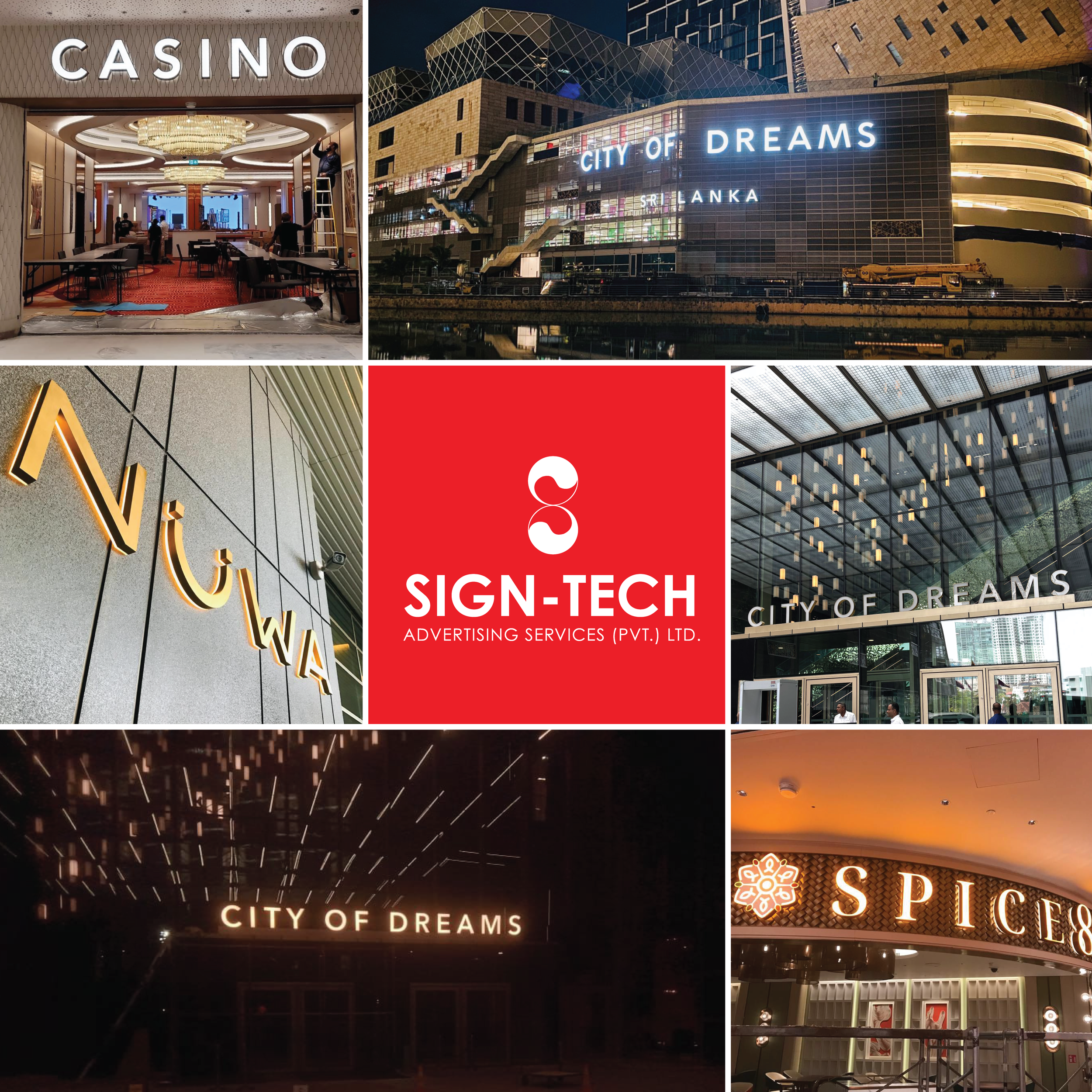 A collage of several images of modern shopping malls and commercial buildings. The images show exterior views with illuminated signs reading 'City of Dreams,' and interior views with architecture, lighting, and decor. The central image features a sign for 'SIGN-TECH Advertising Services (Pvt.) Ltd.' with architectural elements and lighting. Some images reveal glass ceilings, decorative lighting fixtures, and people walking inside.