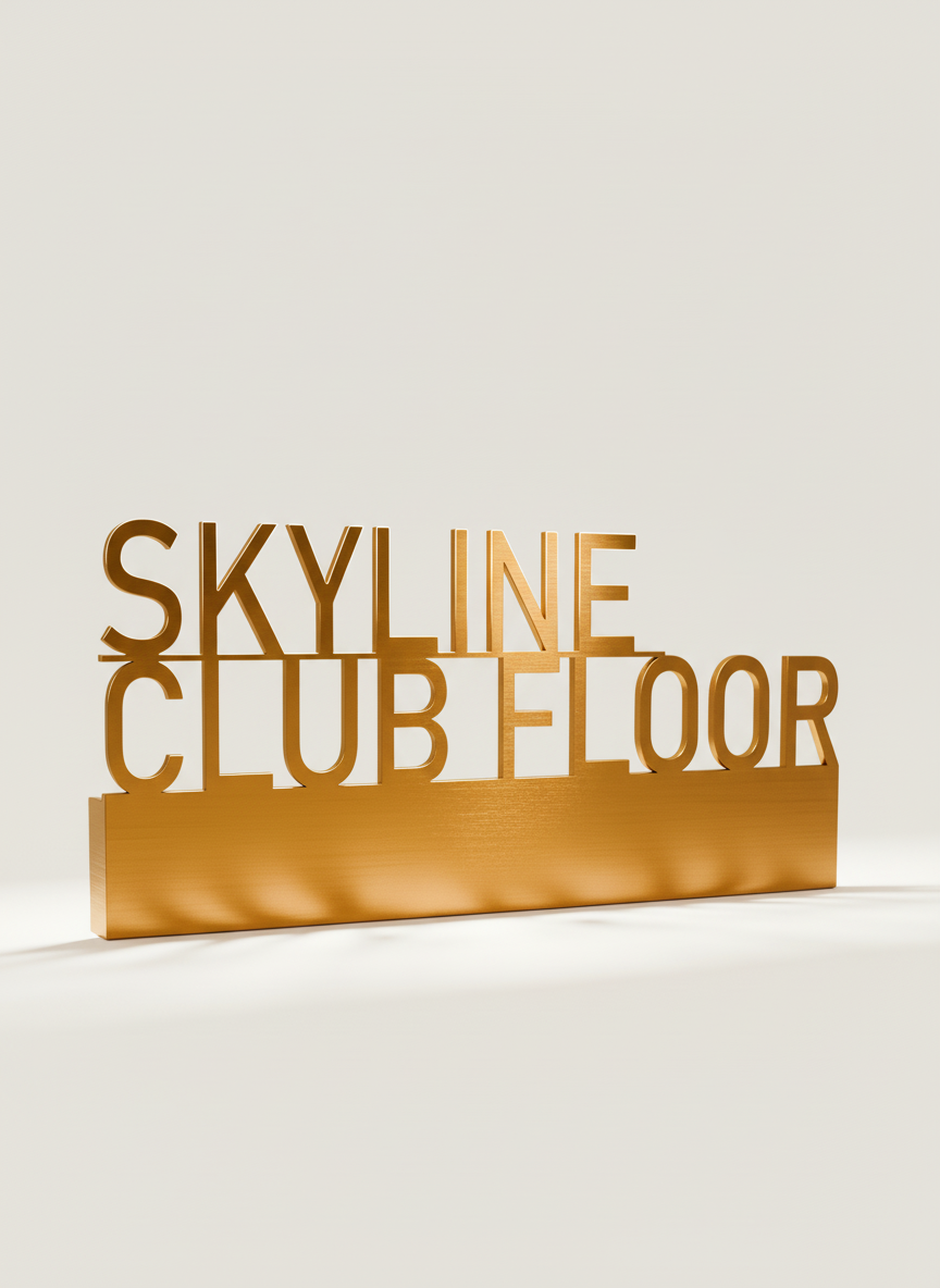 Golden sign with cut-out letters reading 'Skyline Club Floor' on a plain white background.