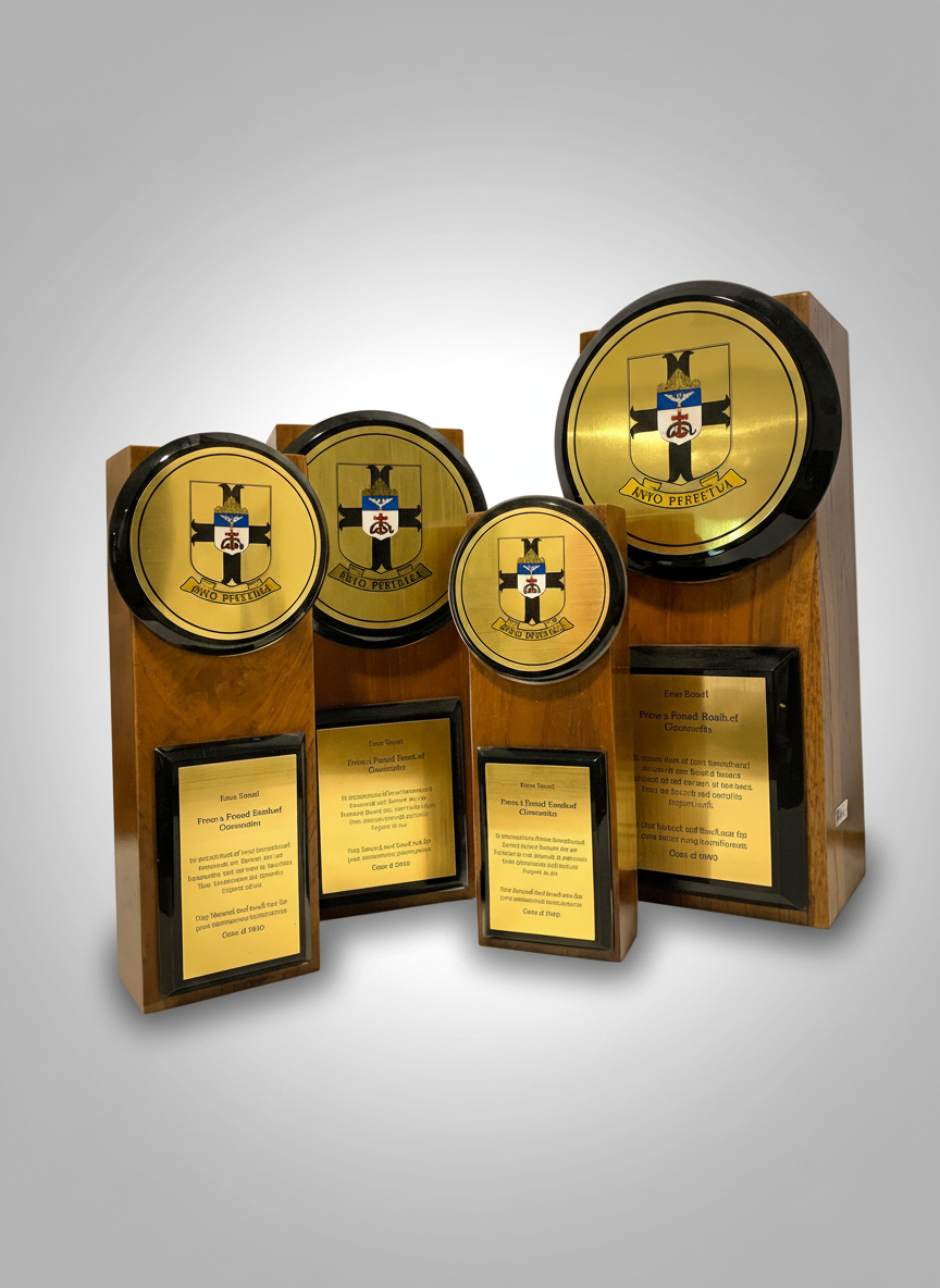 Four wooden plaques with gold and black emblems and engraved gold nameplates.
