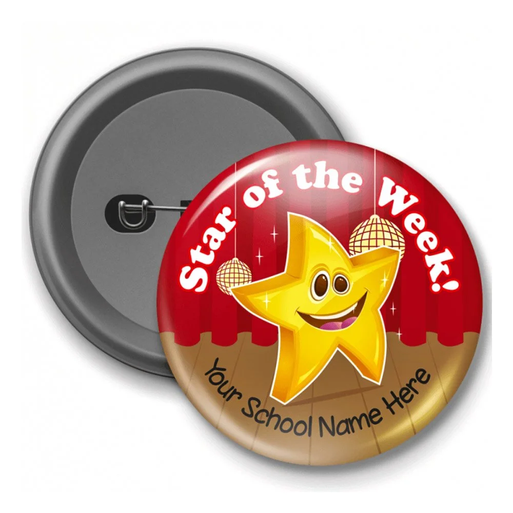 A circular badge with a red background and a yellow smiling star mascot, hanging above a stage with red curtains and disco balls, with the text 'Star of the Week!' and space for a school name at the bottom.
