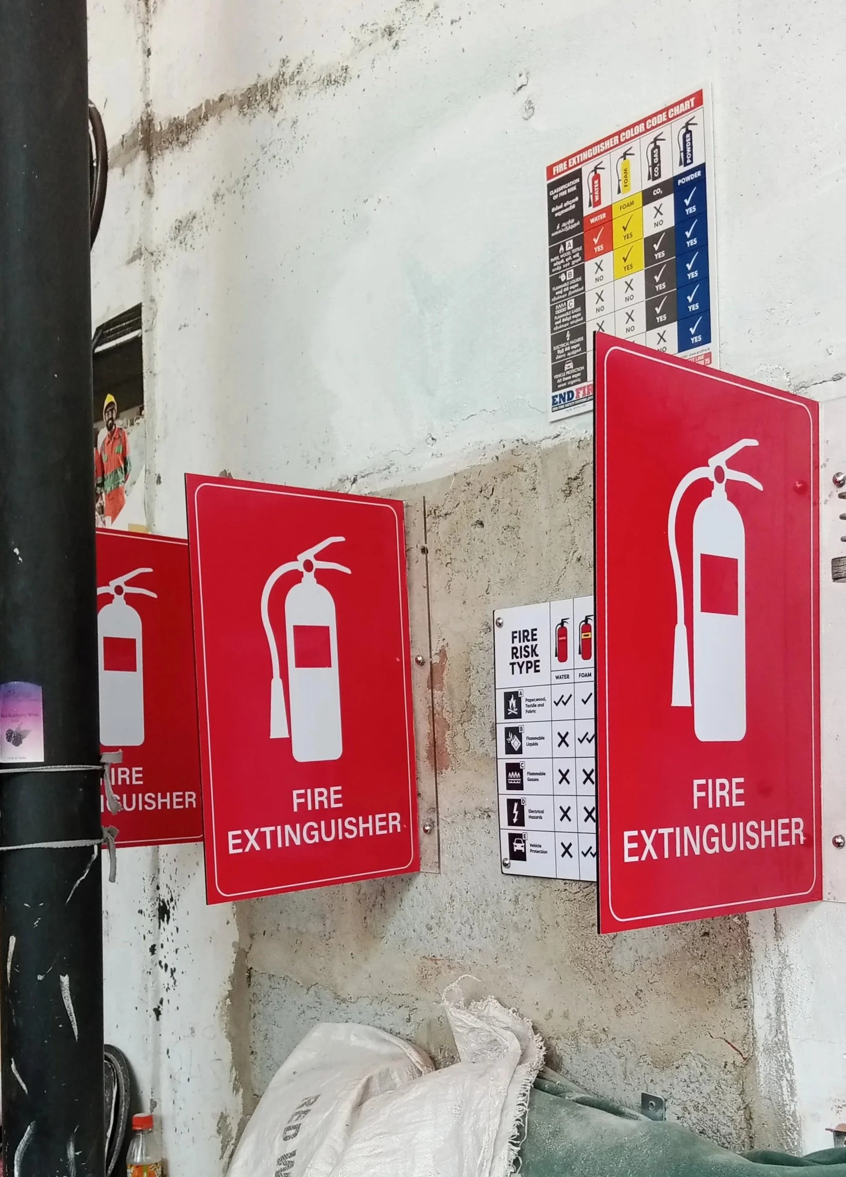 Multiple red fire extinguisher signs posted on a wall in a building.