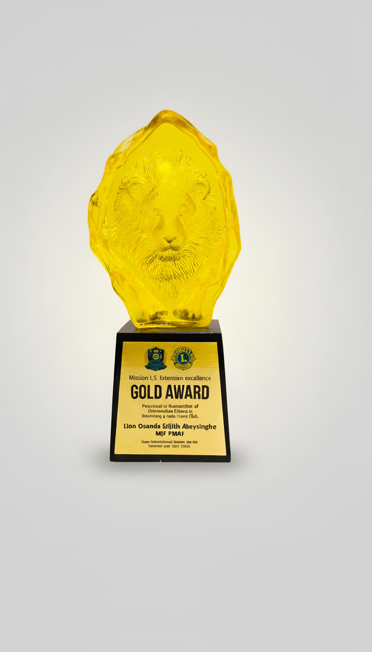 A gold-colored trophy with a lion's face carved in the ice, mounted on a black base with a plaque. The plaque has text and logos, including the Lions Club International emblem, and awards for excellence.