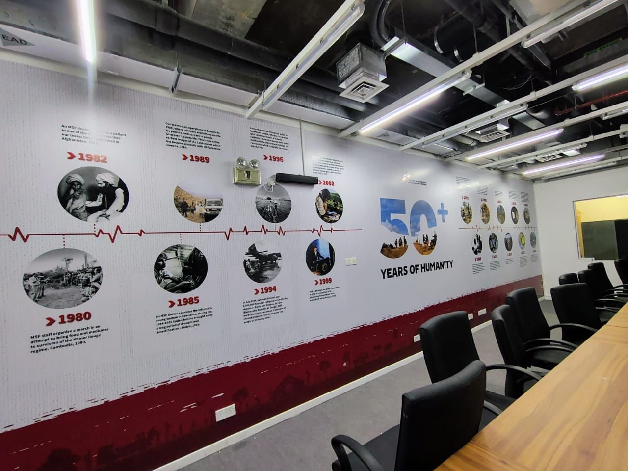 Conference room with wall display showing a timeline of 50+ years of humanity, including photos and text from the 1980s to 2000s, and a long table with black chairs.