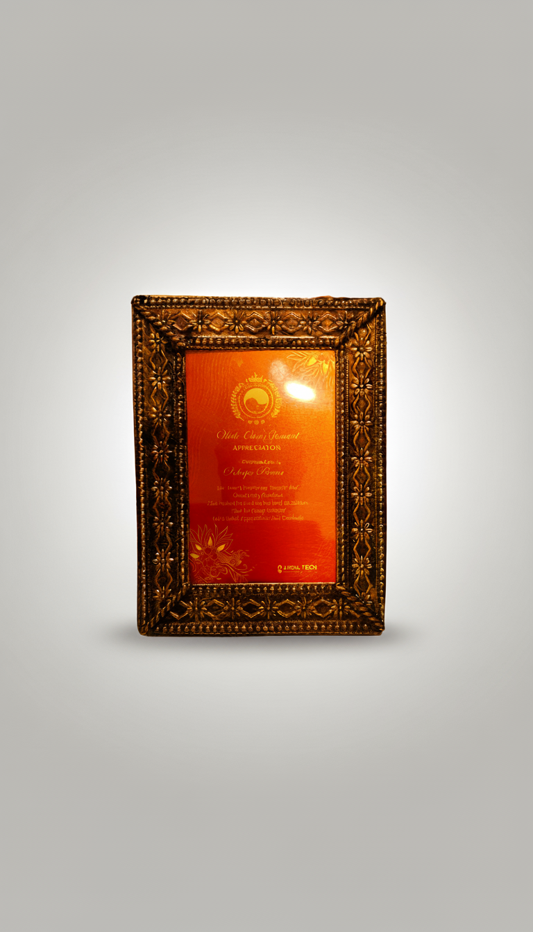 A framed certificate or award with an ornate wooden border and red background, placed against a plain light-colored background.