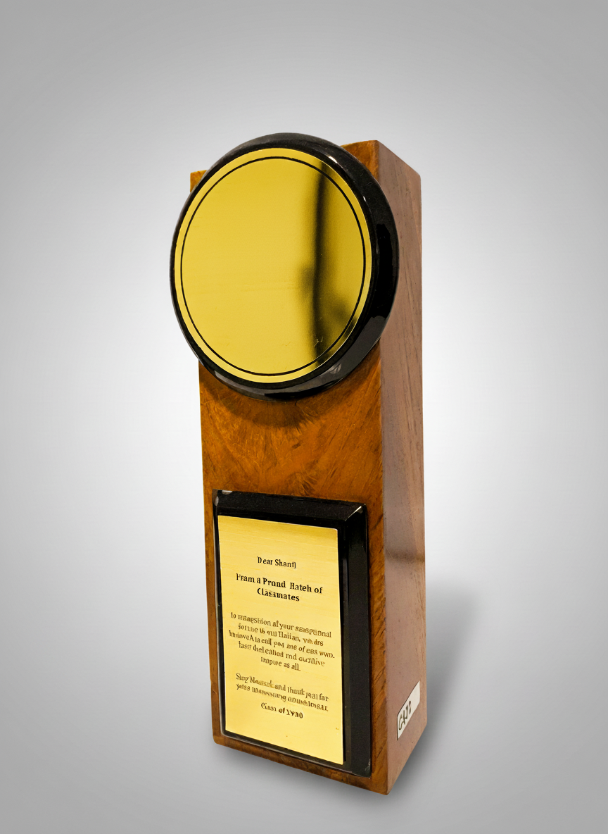 A vintage wooden device with a yellow circular screen and a small yellow message card with black border attached below.