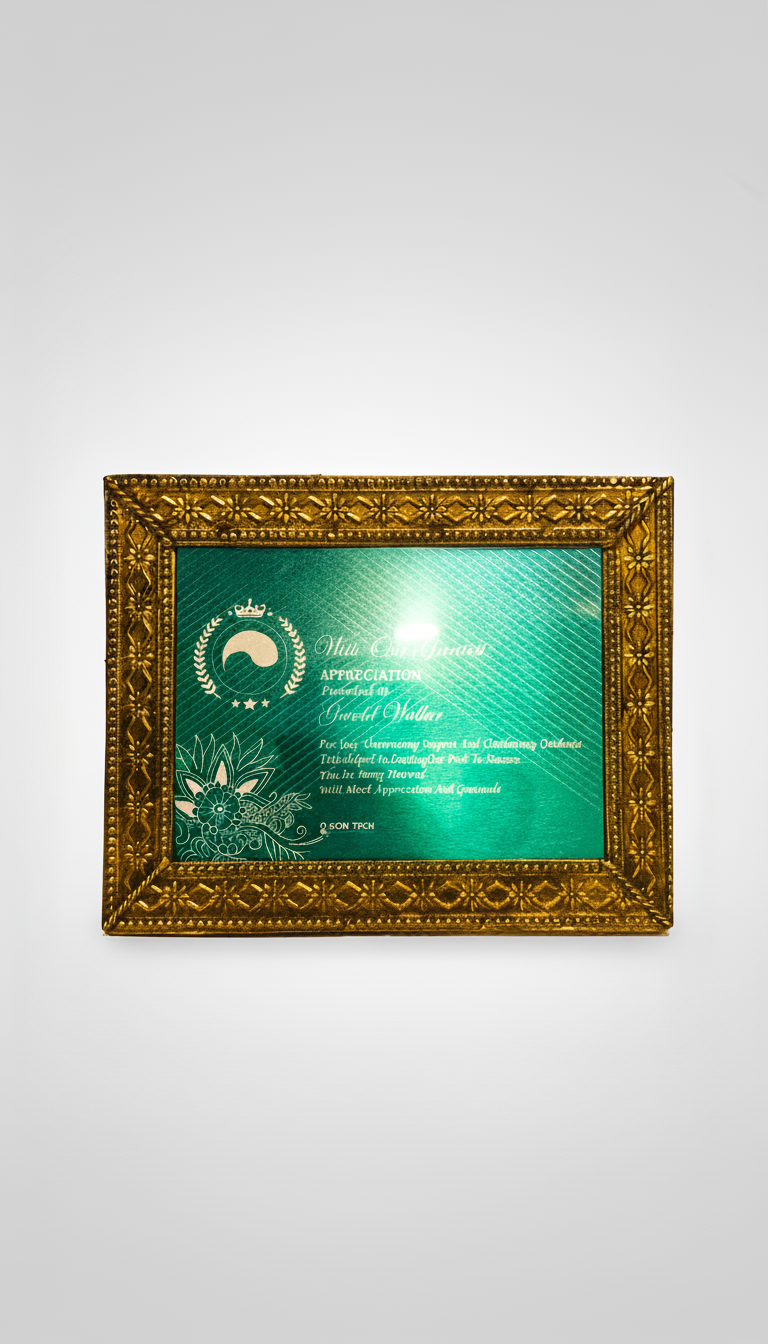 A framed certificate of appreciation with gold ornate border, featuring a teal background, decorative floral design at the bottom left, and text acknowledging a family or individual.