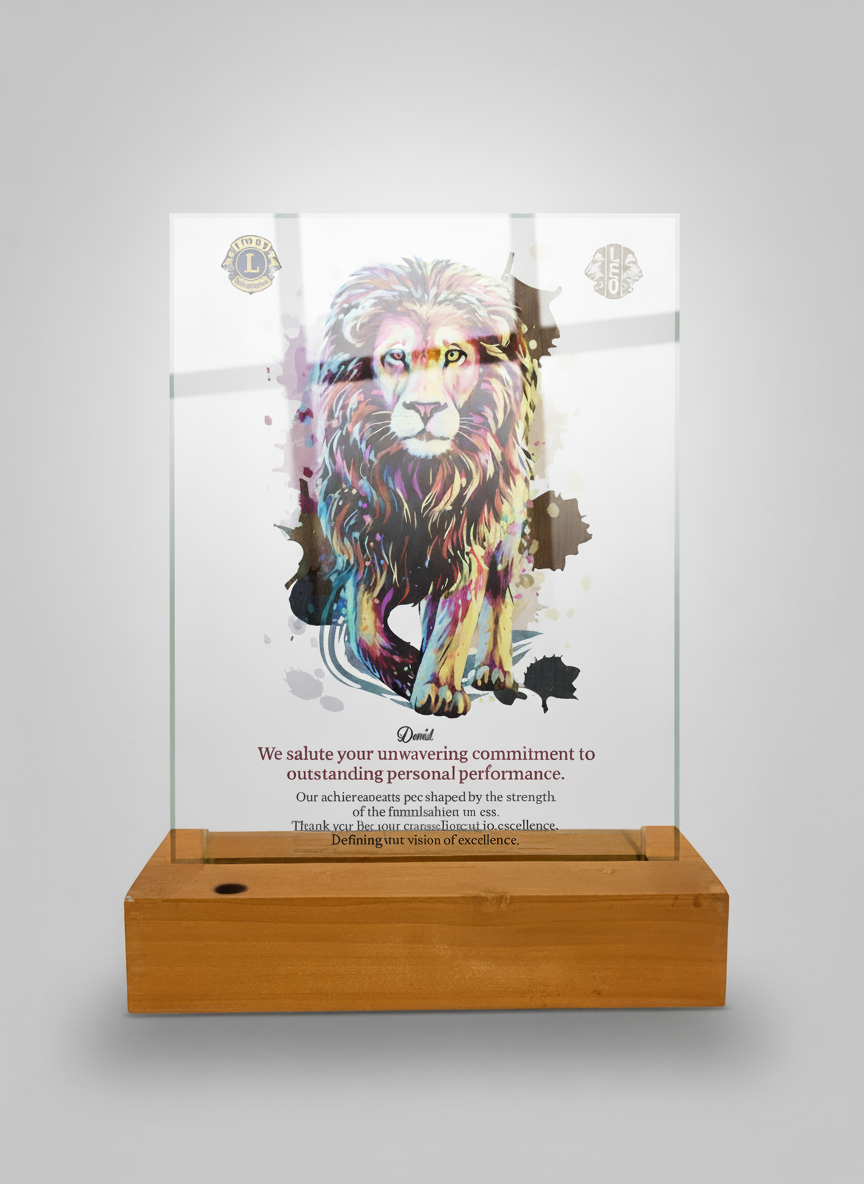 A colorful illustration of a lion on a glass plaque with the logos of Lions Club and another organization at the top corners, mounted on a wooden base. There is a motivational message honoring commitment and excellence.
